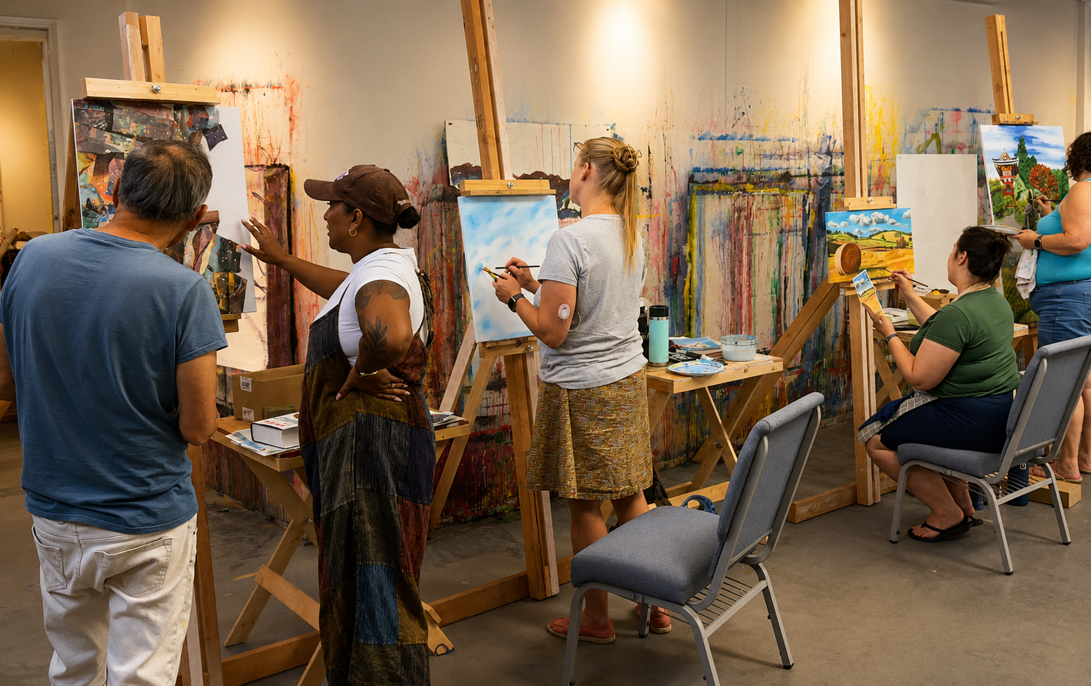 Artists painting at easels in the MoArt studio